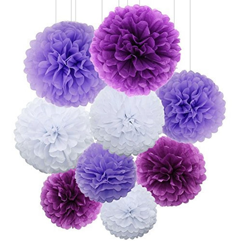 Tissue Paper Pom Pom Flower Balls PurpleWhite DIY Pom Pom Flower Balls Party Pom Pom Wedding Decoration Anniversary Hanging Decor 12 Pack