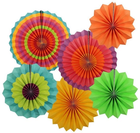 6 Pack of Multicoloured Patterned Hanging Paper Fans Coloured Etsy