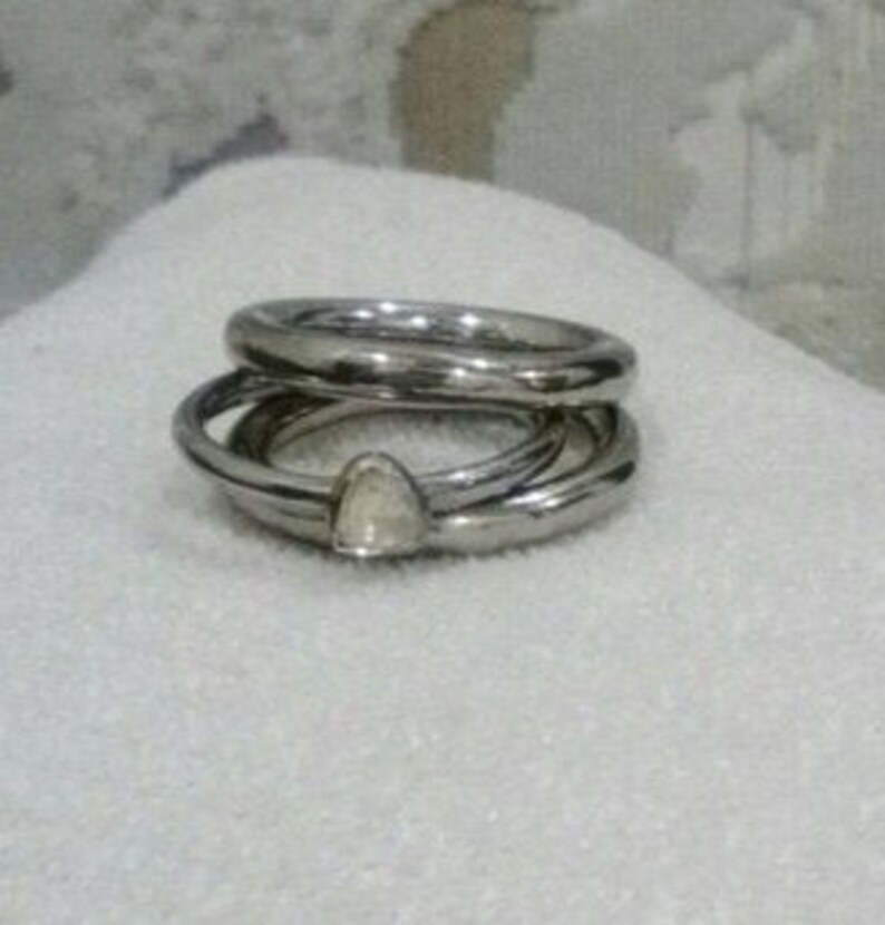 Three In One Oxidized Sterling Silver Large Clean Rose Cut Polki Diamond Stackable Ring Stack Set Wedding Party Engagement Boho Fashion