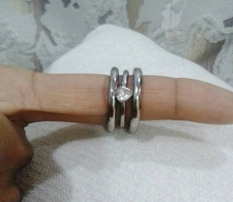 Three In One Oxidized Sterling Silver Large Clean Rose Cut Polki Diamond Stackable Ring Stack Set Wedding Party Engagement Boho Fashion