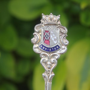 May include: A silver spoon with an ornate handle and a decorative crest. The crest features a shield with red, white, and blue enamel, and the word "CONISTON" in blue lettering. The background is a blurred green.