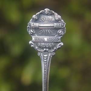 May include: A silver spoon with an ornate design. The spoon's head features the text "HEILIG BLOED BRUGGE" and is adorned with detailed carvings, including figures and sunburst patterns. The handle has a textured, elongated design.