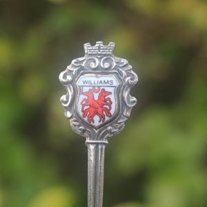 May include: A silver spoon with a decorative crest featuring the name "WILLIAMS" and a red emblem of two animals. The spoon has a detailed handle and a crown-like design at the top.