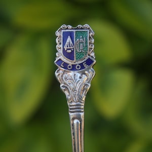 May include: A silver spoon with an ornate handle and a colorful enamel crest. The crest features a blue and green design with the word "LOOE" in blue lettering. The spoon is set against a blurred green background.
