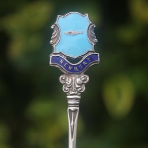 May include: A silver souvenir spoon with a decorative handle and a turquoise enamel crest. The crest features a blue banner with the word "NEWQUAY" and a small image. The spoon is set against a blurred green background.