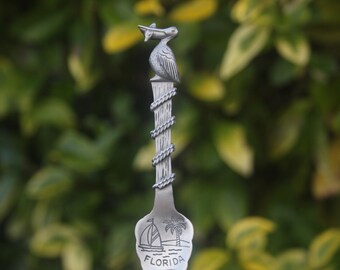 Cuillère en étain vintage Florida Pelican USA American Souvenir Bird Gift