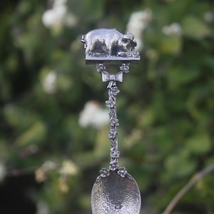 Vintage Pewter Spoon A.E. Williams Pig by Wooden Fence
