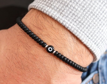 Black Evil Eye Bracelet, Stretch Beaded Bacelet, Mens Protection Bracelet, Small Bead Bracelet, Greek Turkish Evil Eye, Gift for Him