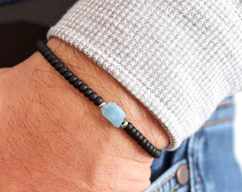 Mens Aquamarine Bracelet, Black Beaded Bracelet, Healing Bracelet, Elastic Stretch Bracelet, Gift for Him, Birthday Gift, Gemstone Bracelet