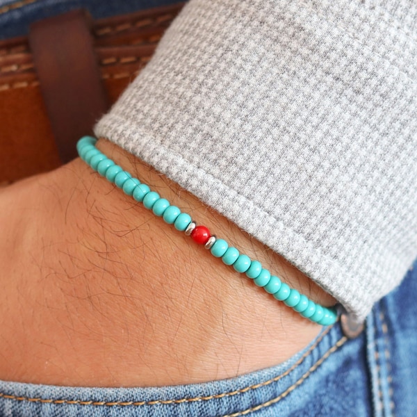 Turquoise Beaded Red Coral Bracelet for Men, Mens Coral Bracelet, Stackable Turquoise Bracelet, Beaded Stretch Bracelet, Gift for Men