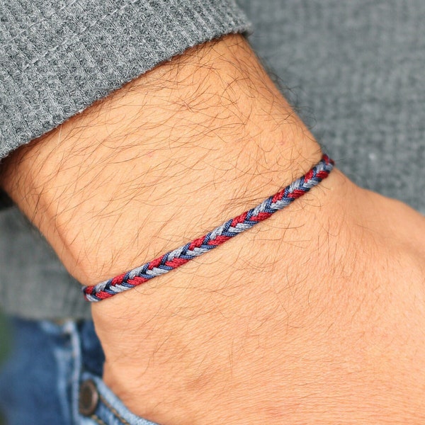 Navy Blue, Red and Gray Braided Friendship Bracelet, Adjustable Mens String Bracelet, Woven Fishtail Bracelet, Gift for Him, Mens Jewelry