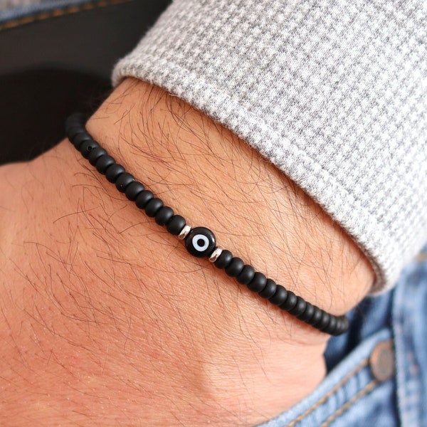 Black Evil Eye Bracelet, Stretch Beaded Bacelet, Mens Protection Bracelet, Small Bead Bracelet, Greek Turkish Evil Eye, Gift for Him