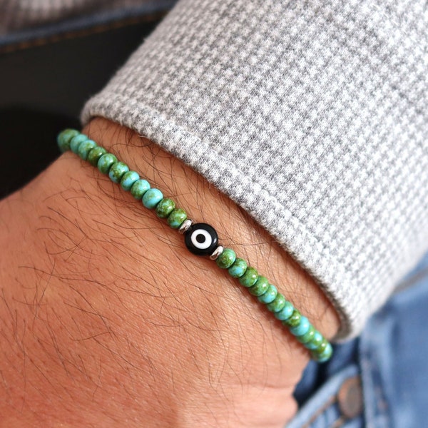 Bracelet mauvais œil perlé turquoise, bracelet perlé homme, mauvais œil turc grec, bracelet Nazar, bracelet élastique extensible, cadeau pour lui