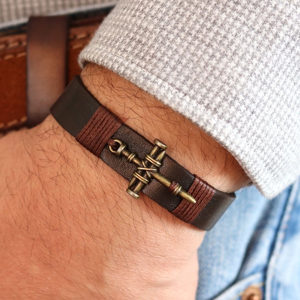 Nailed Cross Bracelet, Christian Leather Bracelet, Christian Gifts for Men, Religious Leather Cuff, Faith Bracelet, Religious Gift for Him