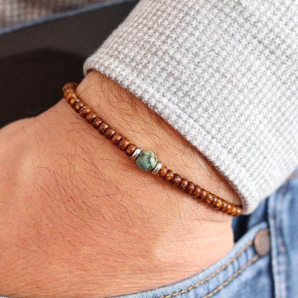 Mens African Turquoise Bracelet, Stackable Beaded Bracelet, Elastic Stretch Bracelet, Seed Bead Bracelet, Gemstone Bracelet, Gift for Him