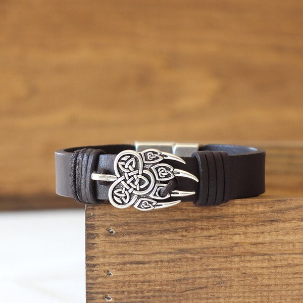 Norse Viking Bear Claw Leather Bracelet, Trinity Knot Viking Bracelet, Nordic Animal Totem, Bear Paw Mens Leather Bracelet, Viking Jewelry