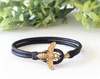 Pulsera de abeja de cuero negro, pulsera de cuero de abeja bumble para las mujeres, pulsera de la amistad de cuero, joyería de la abeja, regalo para ella, regalo de cumpleaños