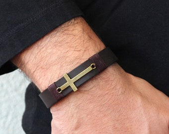 Cross Leather Bracelet for Men, Mens Leather Bracelet, Sideways Cross Bracelet, Christian Bracelet, Religious Jewelry