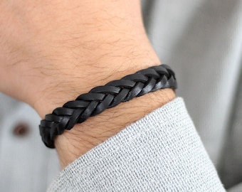 Black Braided Leather Bracelet, Woven Plain Leather Cuff, Mens Leather Bracelet, Black Leather Wristband, Mens Jewelry