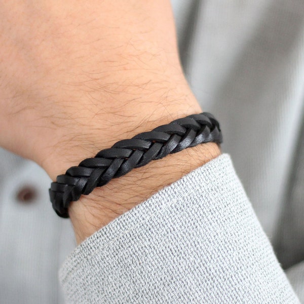 Black Braided Leather Bracelet, Woven Plain Leather Cuff, Mens Leather Bracelet, Black Leather Wristband, Mens Jewelry