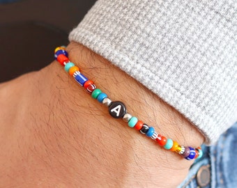 Colorful Rainbow Beaded Custom Initial Bracelet For Men, Personalized Beaded Letter Bead Bracelet, Mens Bracelet, Stretch Bracelet