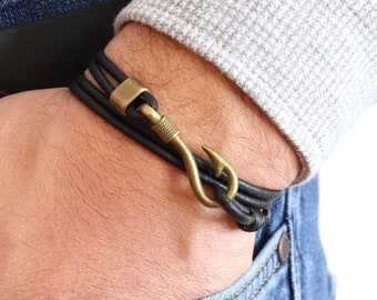 Antique Leather Wrap Fishhook Bracelet for Men, Mens Leather
