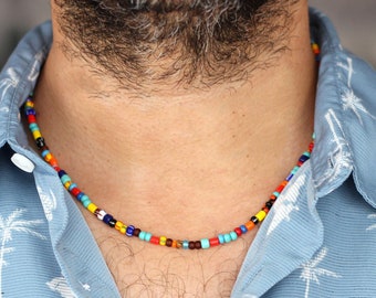 Colorido collar de cuentas del arco iris, collar de cuentas de vidrio para hombres, collar de surfista para hombres, collar arco iris, regalo de cumpleaños, collar de verano