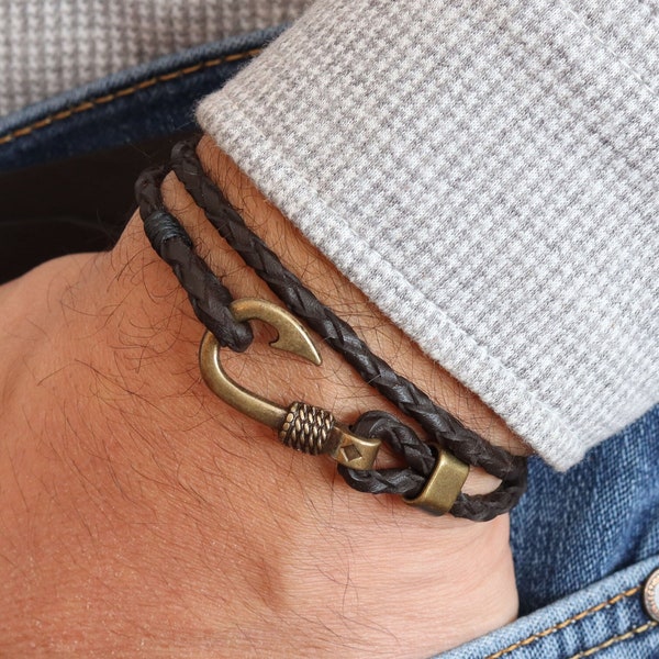 Braided Leather Wrap Fishhook Bracelet,  Nautical Fish Hook Bracelet, Father's Day Gift for Dad, Braided Leather Wrap Bracelet, Gift for Him