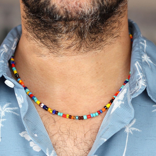 Colorful Rainbow Beaded Necklace, Glass Bead Mens Necklace, Surfer Necklace for Men, Rainbow Necklace, Birthday Gift, Summer Necklace