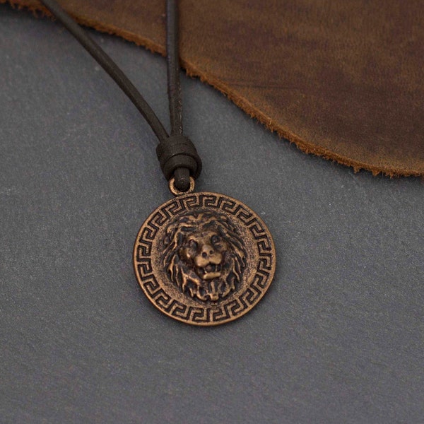 Collier de lion en cuivre, collier pendentif tête de lion, collier en cuir pour hommes, bijoux pour hommes, cadeau d’anniversaire pour lui