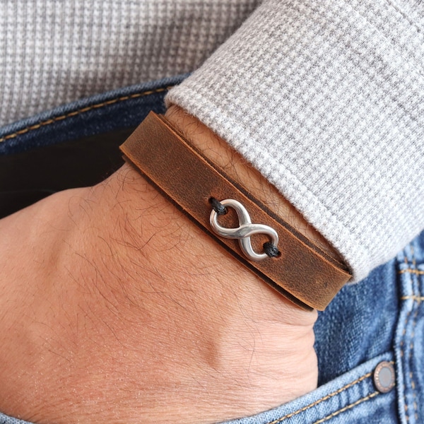 Mens Infinity Bracelet, Stainless Steel Infinity Leather Bracelet, Anniversary Gift for Boyfriend, Gift for Him, Mens Jewelry, Birthday Gift