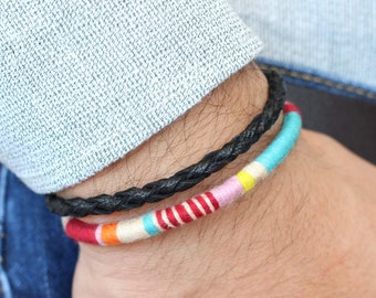 Mens Leather Bracelet, Colorful Woven Bracelet, Summer Bracelet, Braided Leather Mens Bracelet, Surfer Bracelet, Mens Jewelry, Gift for Men