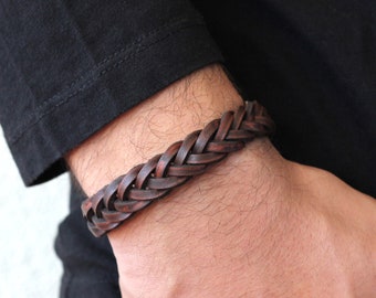 Bracelet en cuir tressé Hommes, Bracelet homme en cuir rustique, Cadeau pour lui, Cadeau d’anniversaire, Bijoux en cuir pour hommes