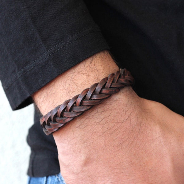 Bracelet en cuir tressé Hommes, Bracelet homme en cuir rustique, Cadeau pour lui, Cadeau d’anniversaire, Bijoux en cuir pour hommes