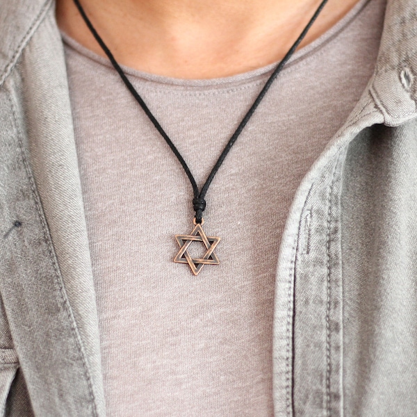 Antique Copper Star of David Necklace, Star of David Pendant Mens Necklace, Adjustable Black String Necklace for Men, Jewish Magen David