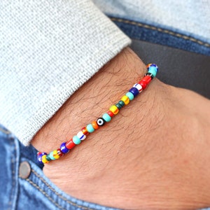 Mens Beaded Bracelet, Colorful Rainbow Beaded Evil Eye Bracelet, Colorful Beaded Rainbow Bracelet for Men, Mens Bracelet, Gift for Him image 1