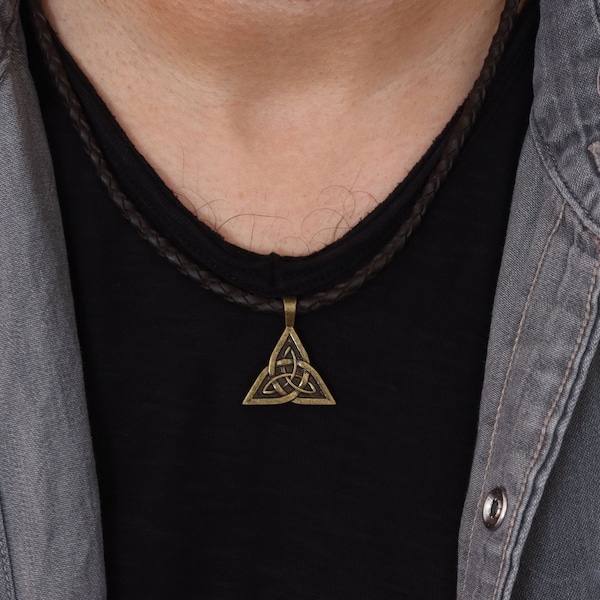 Braided Leather Celtic Necklace for Men, Triquetra Necklace, Mens Braided Leather Necklace, Trinity Pendant, Celtic Irish Jewelry