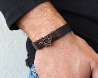 Star of David Leather Bracelet, David's Star Bracelet for Men, Mens Leather Bracelet,