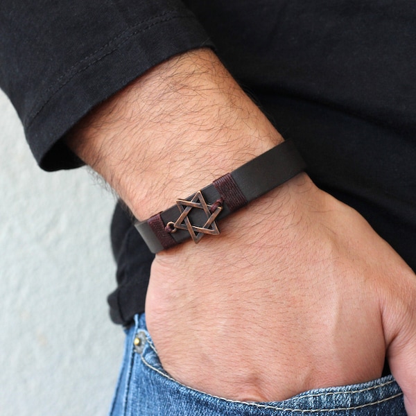 Star of David Leather Bracelet, David's Star Bracelet for Men, Mens Leather Bracelet,