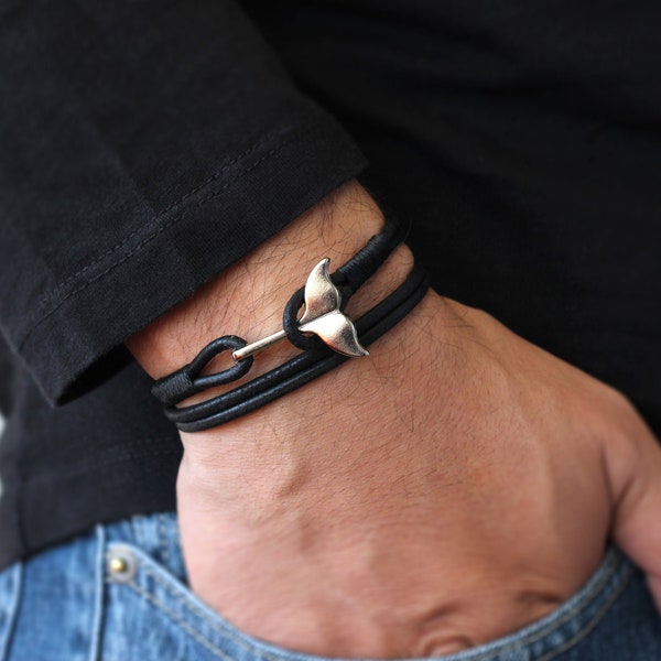 Bracelet en cuir noir, bracelet en cuir pour homme, bracelet de queue de baleine, bracelet pour homme en cuir noir, bijoux pour hommes