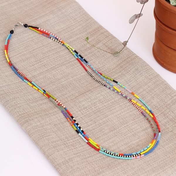 Multi Color Beaded African Necklace, Colorful Beaded Necklace, Multi Strand Layered Necklace with Small Beads, Tribal Hippie Necklace