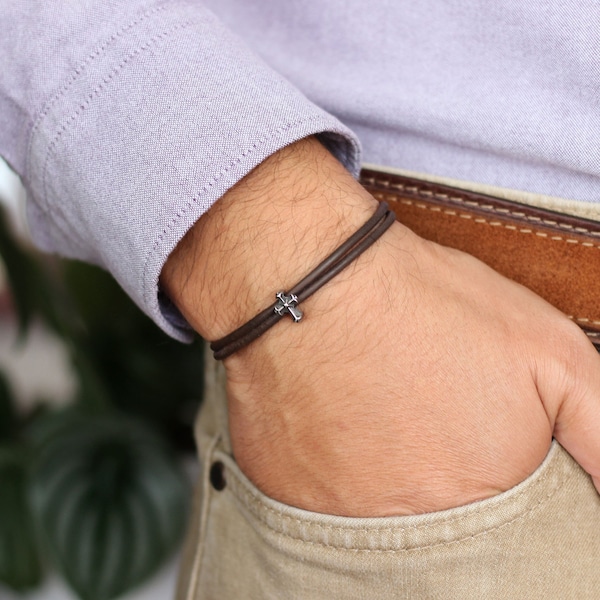 Leather Wrap Stainless Steel Cross Bracelet, Mens Cross Bracelet, Religious Bracelet, Christian Bracelet, Mens Jewelry, Confirmation Gift