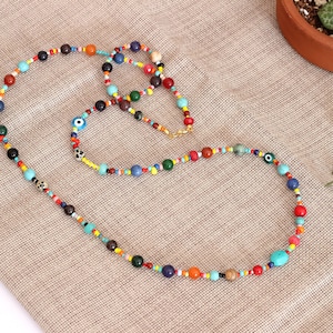 Bunte Perlen Lange Edelstein Halskette, Regenbogen Perlen Halbedelstein Halskette, Hippie Halskette, Mehrfarbige Natursteine Bild 2