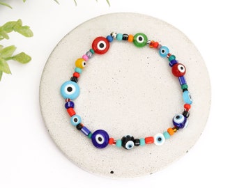 Colorful Evil Eye Bracelet, Multi Color Beaded Bracelet, Protection Bracelet, Hippie Bracelet, Elastic Stretch Bracelet for Men Women