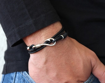 Black Leather Wrap Fishhook Bransoletka Mężczyźni, Bransoletka skórzana męska, Bransoletka z haczykiem rybnym, Bransoletka Morska, Bransoletka Sailor