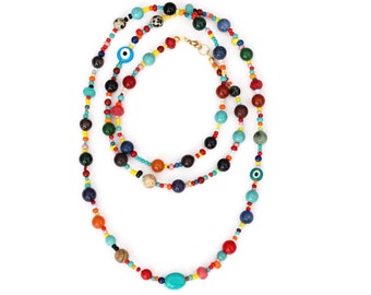 Collana di pietre preziose lunghe di perline colorate, collana di pietre semi preziose di perline arcobaleno, collana hippie, pietre naturali multicolore