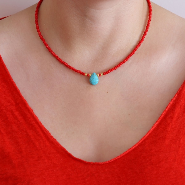 Red Beaded Drop Turquoise Necklace, Turquoise Gemstone Drop Necklace, Short Beaded Necklace, Beaded Boho Necklace for Her, Turquoise Jewelry