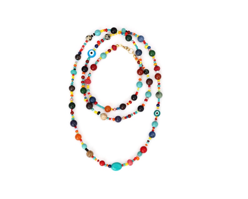Bunte Perlen Lange Edelstein Halskette, Regenbogen Perlen Halbedelstein Halskette, Hippie Halskette, Mehrfarbige Natursteine Bild 1