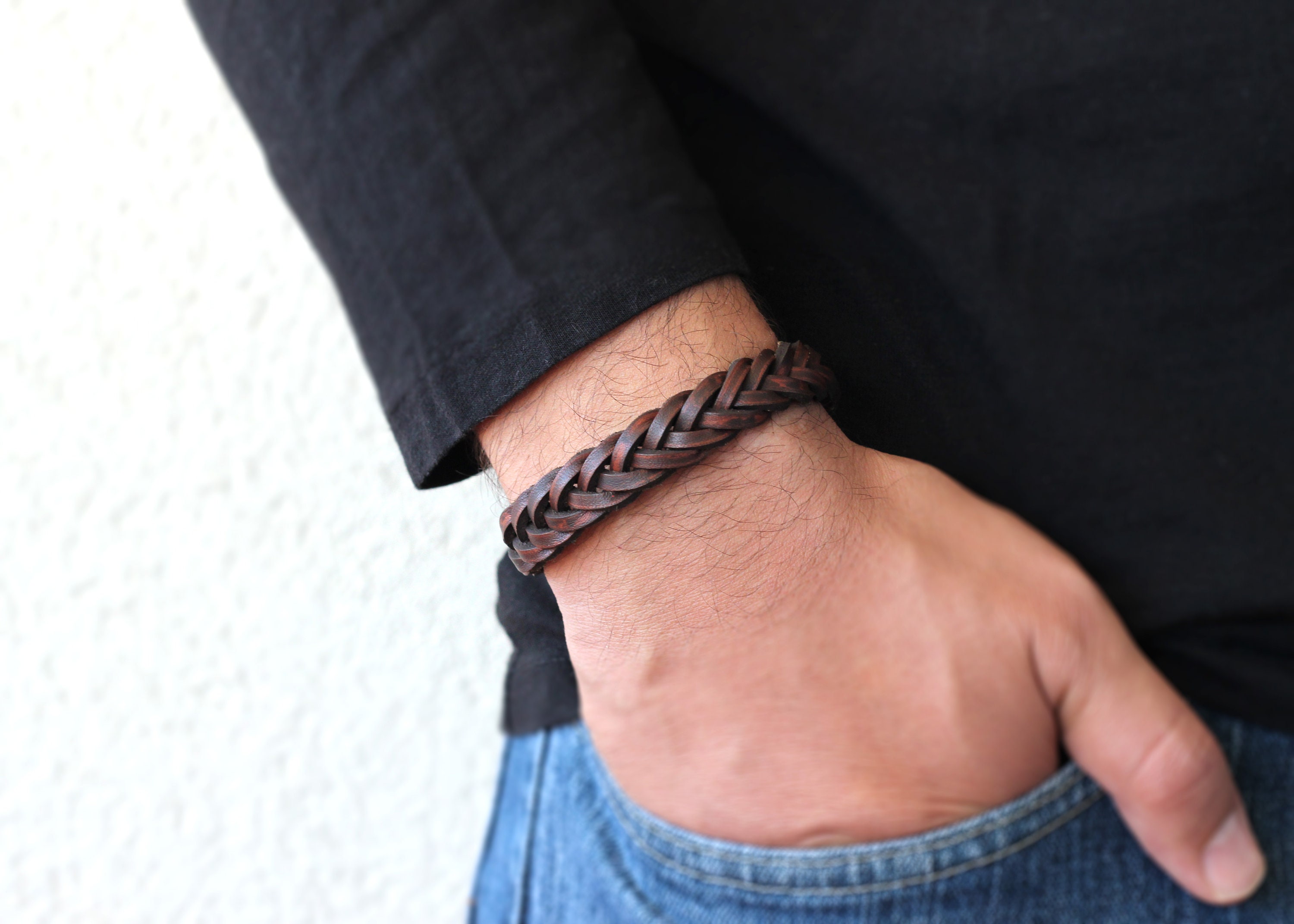 Braided Leather Bracelet Men, Rustic Leather Mens Bracelet, Gift for Him,  Birthday Gift, Mens Leather Jewelry 