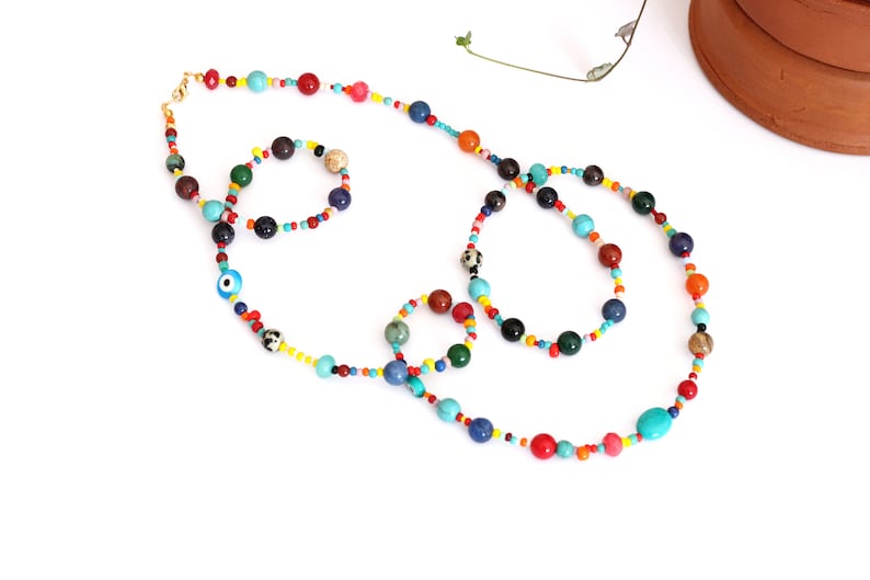 Colorful Beaded Long Gemstone Necklace, Rainbow Beaded Semi Precious Stone Necklace, Hippie Necklace, Multi Color Natural Stones image 5